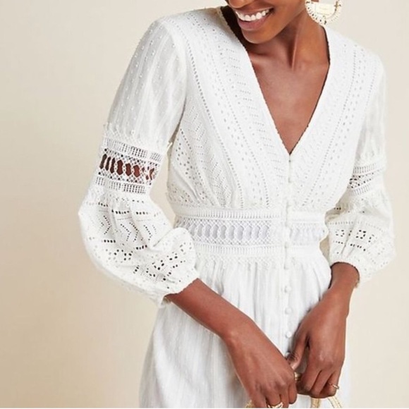 Anthropologie Ebba Midi White Eyelet Dress Size 8 Petite - Picture 2 of 16